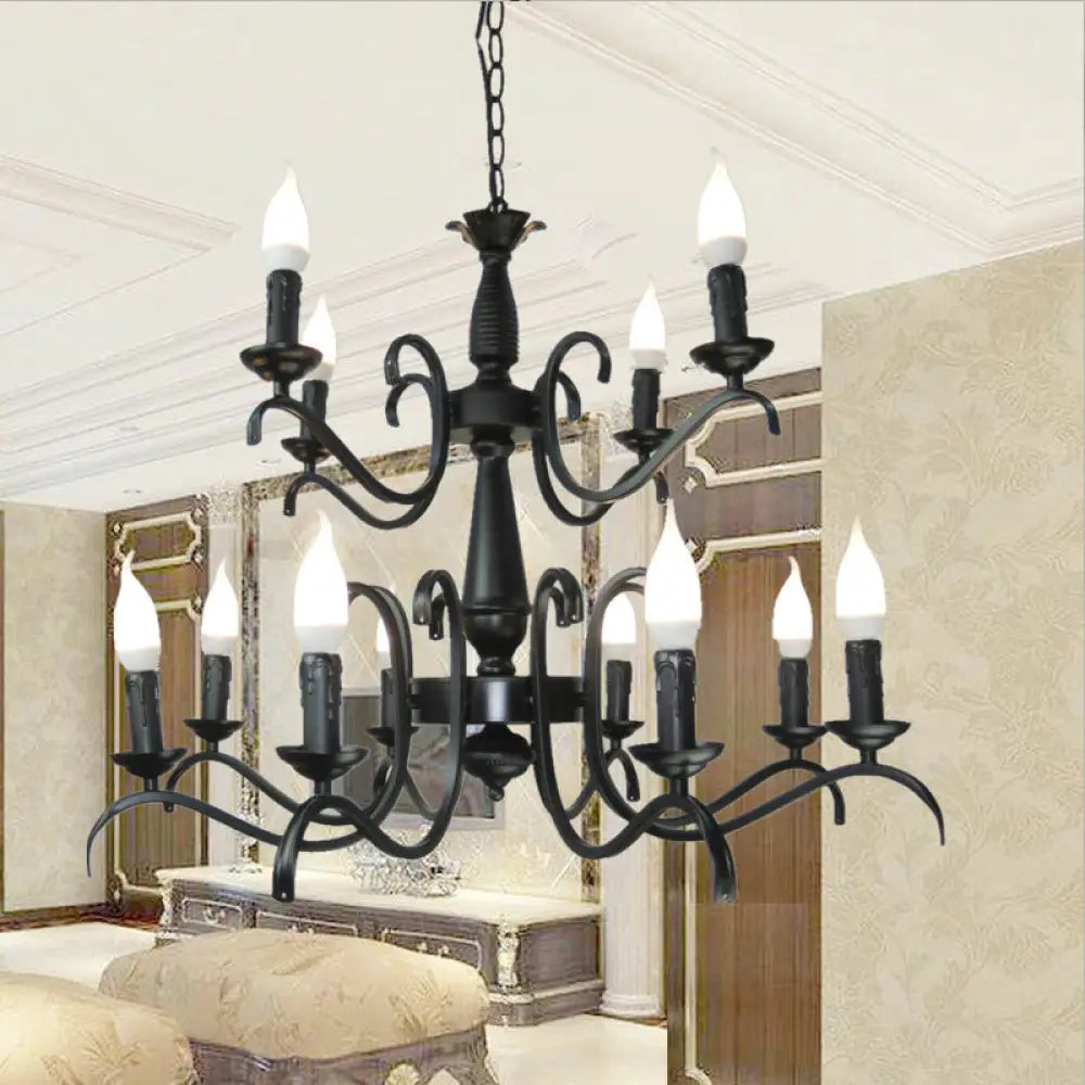 Vintage Style 3/5-Head Flameless Candle Chandelier - Black Metallic Hanging Lamp For Living Room 12