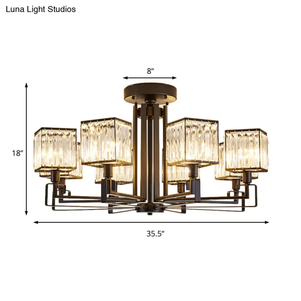 Vintage Style Black Square Metal Ceiling Light Fixture With Crystal Prism - 4/6/8 Lights Ideal For