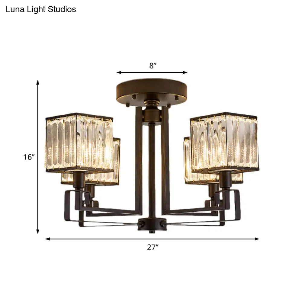 Vintage Style Black Square Metal Ceiling Light Fixture With Crystal Prism - 4/6/8 Lights Ideal For