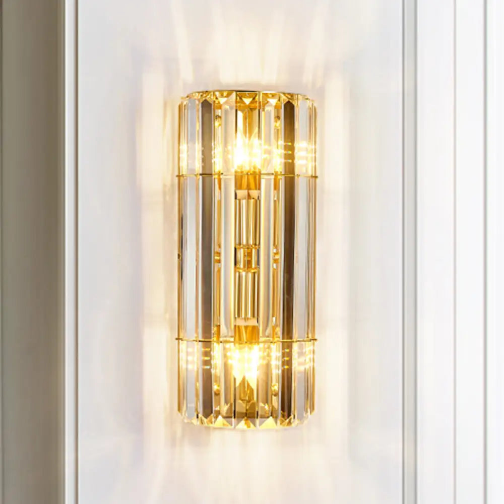 Vintage Style Cylindrical Crystal Sconce Lighting - Wall Mounted Lamp For Hallway Golden Finish