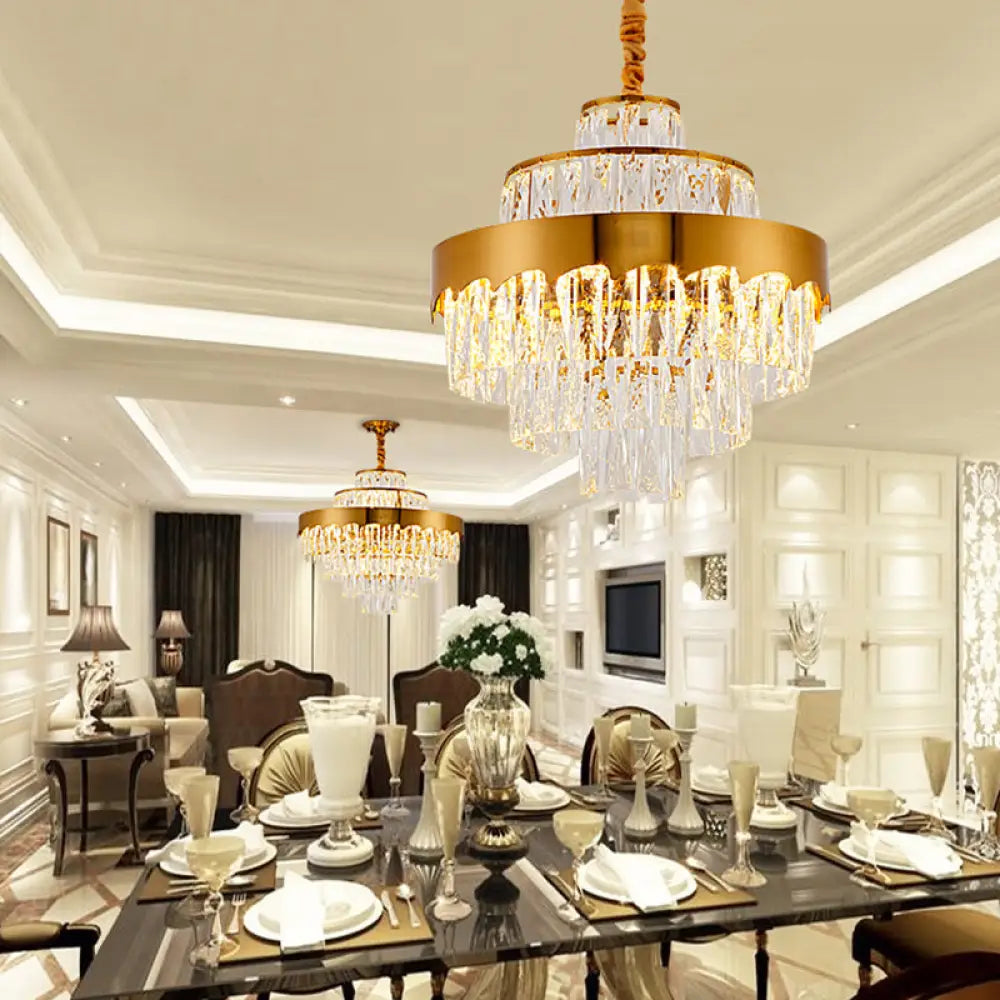 Vintage Style Gold Crystal Chandelier – Layered Light Fixture For Dining Room (17’’/23’’) / 17’’