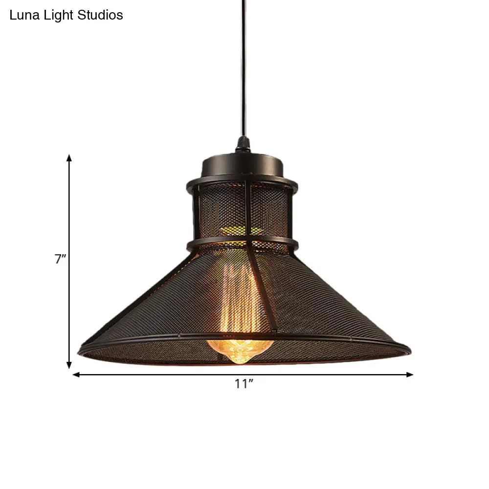 Vintage Style Hanging Light With Mesh Conic Shade - Metallic Pendant Ceiling