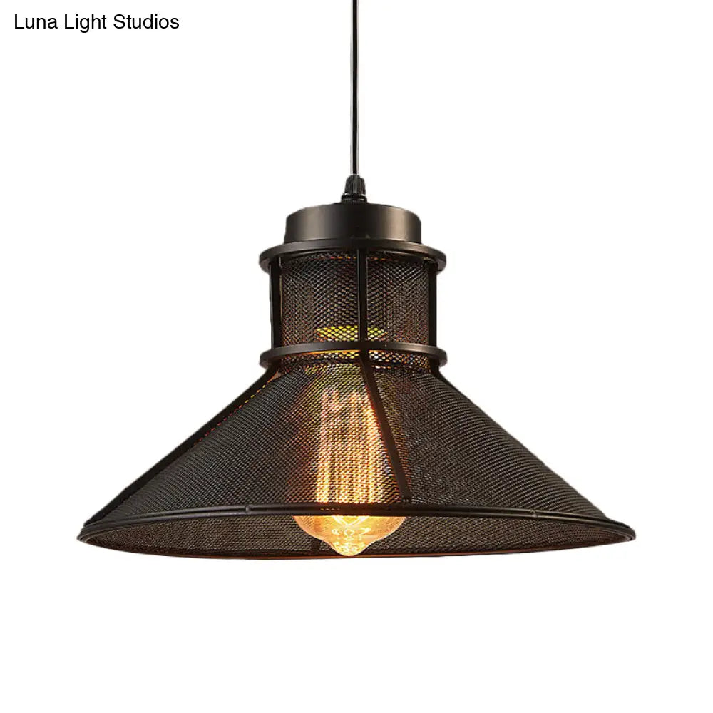 Vintage Style Hanging Light With Mesh Conic Shade - Metallic Pendant Ceiling