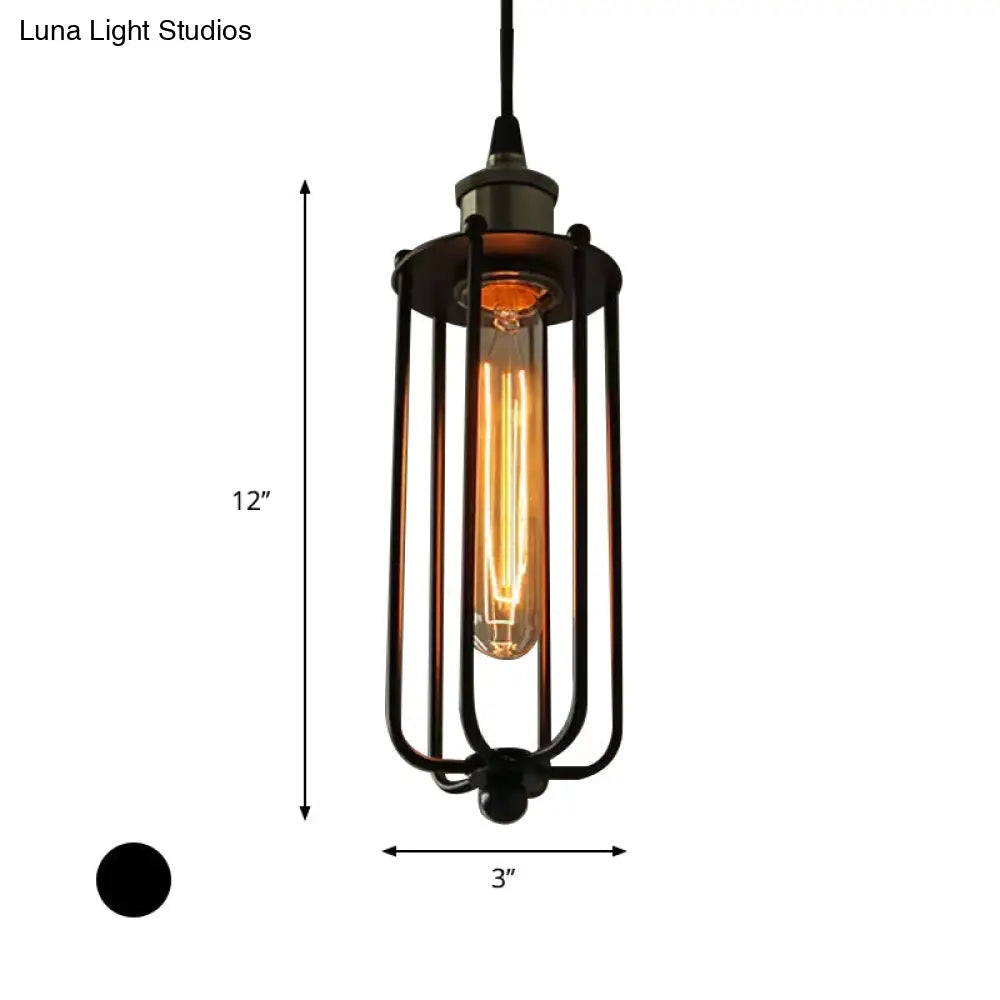 Vintage Style Metallic Matte Black Pendant Lamp With Cage Shade - 1 Light Hanging Fixture