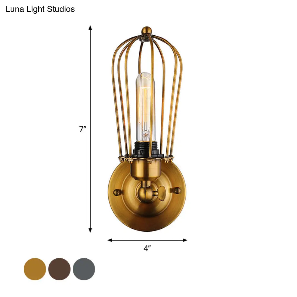 Vintage-Style Mini Wall Sconce With Cage Shade And Rustic Brass Finish For Living Room