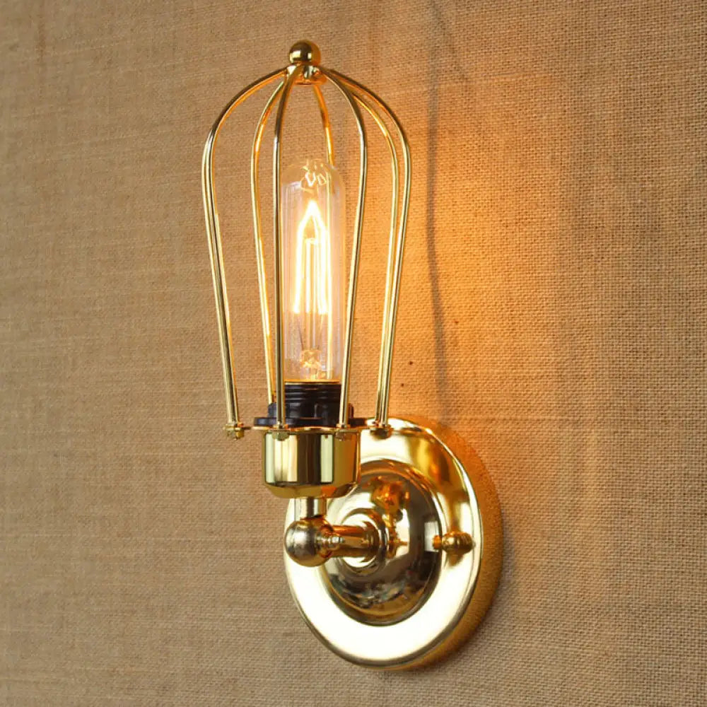 Vintage-Style Mini Wall Sconce With Cage Shade And Rustic Brass Finish For Living Room