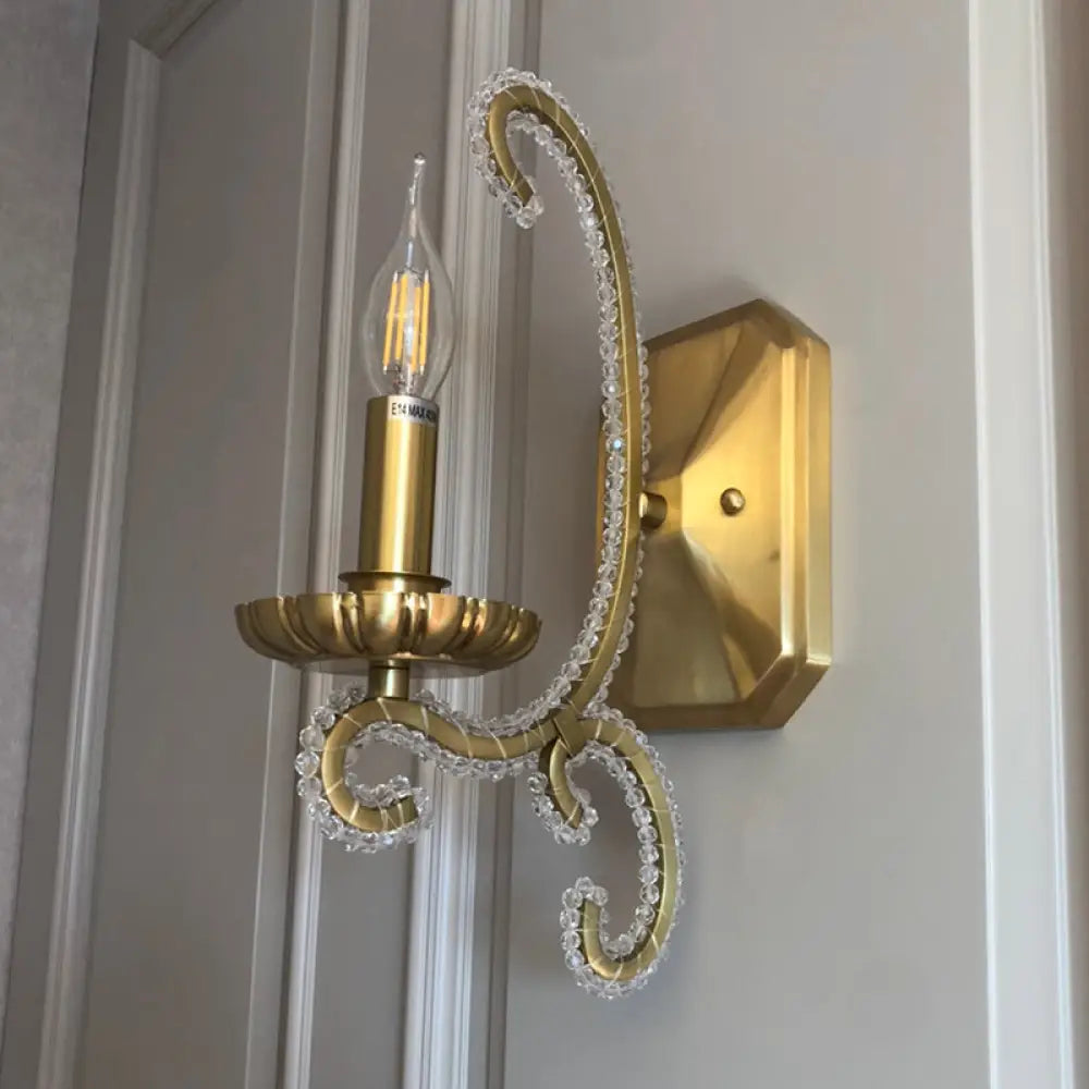 Vintage Wall Mount Candelabra Light Fixture With Crystal Beaded Arm - Metallic 1 / Gold