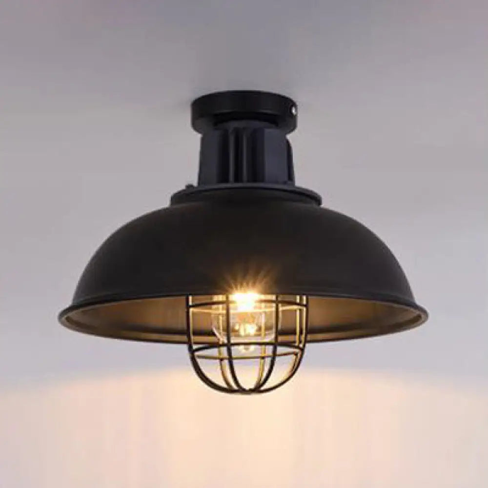 Vintage Wire Cage Ceiling Light With Semi-Flush Mount & Bowl Shade In Black