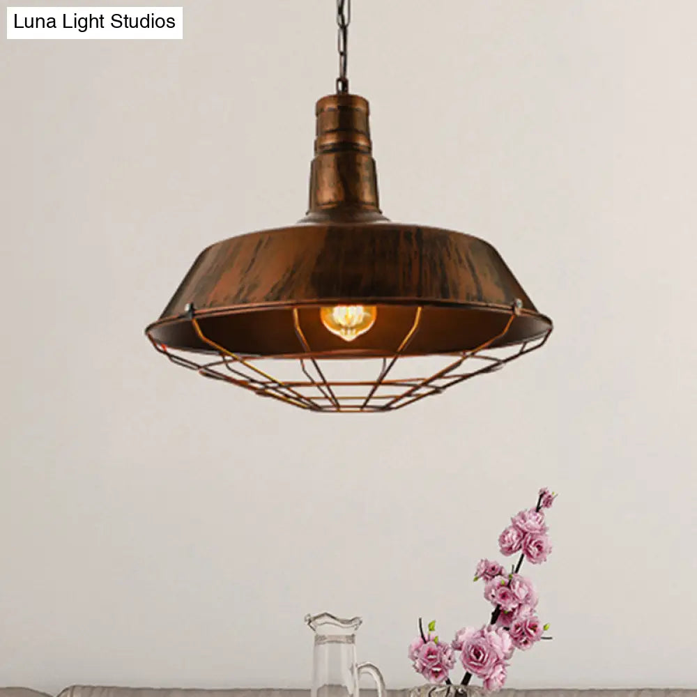 Vintage Wire Guard Pendant Light With Barn Shade - 10’/14’/18’ Wide Black/Bronze/Rust Metal