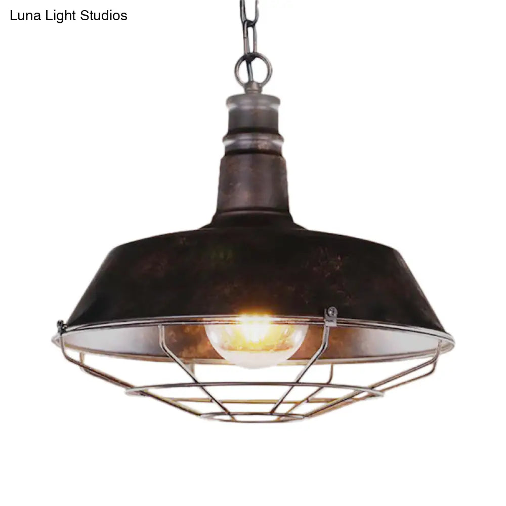 Vintage Wire Guard Pendant Light With Barn Shade - 10’/14’/18’ Wide Black/Bronze/Rust Metal