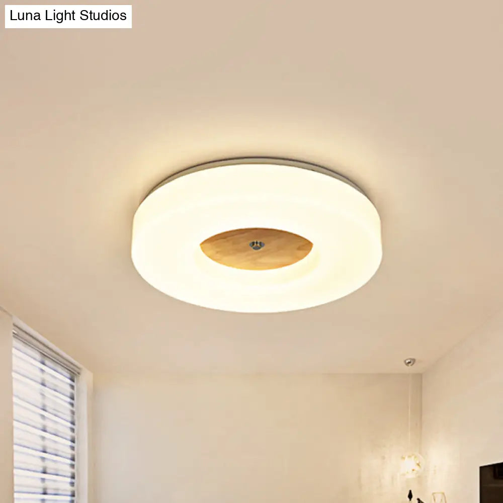 W Led Bedroom Ceiling Lamp With Hollow Drum Acrylic Shade - Modern White Flush Mount In