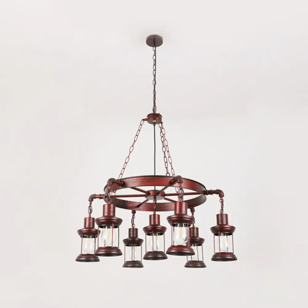 Bronze Iron Pendant Light With Clear Glass Shade - Industrial Wagon Wheel Chandelier