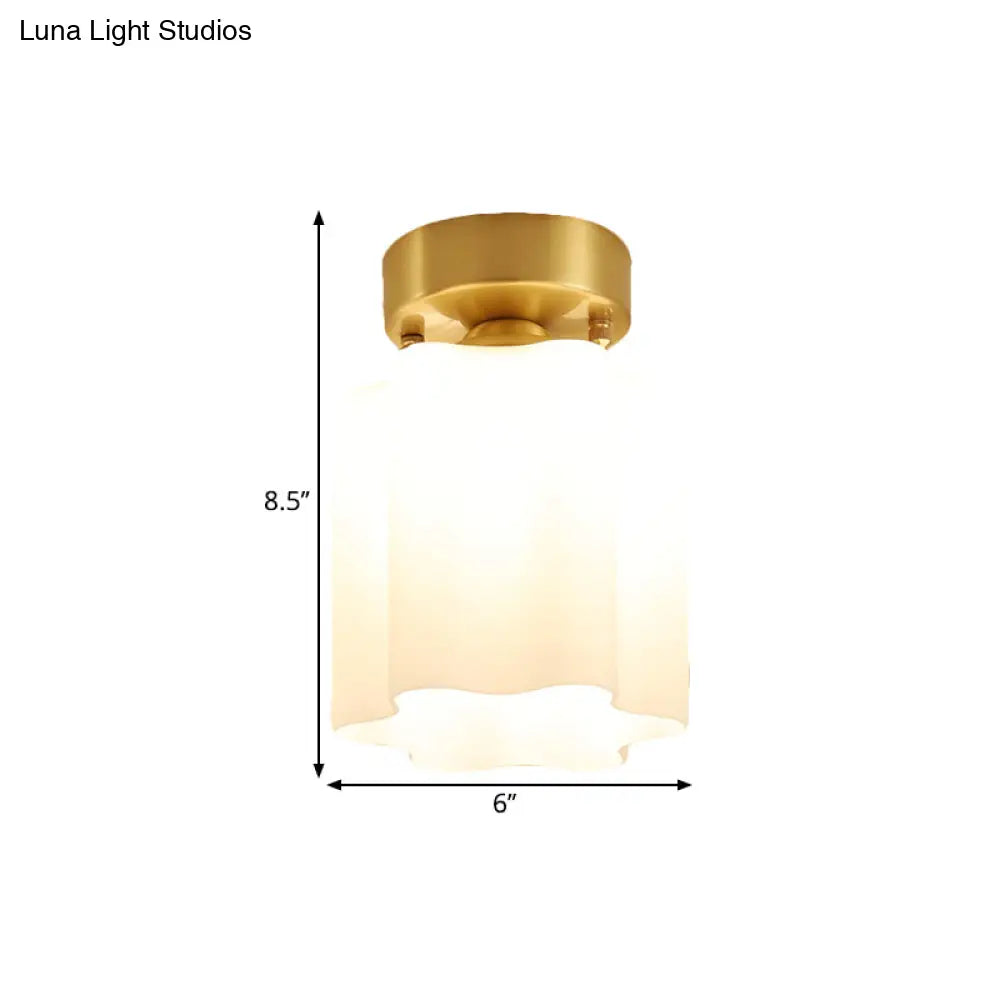 White Glass Brass Flush Lamp - Scalloped/Shell/Trapezoid Design 1 - Light Cottage Ceiling Mount For
