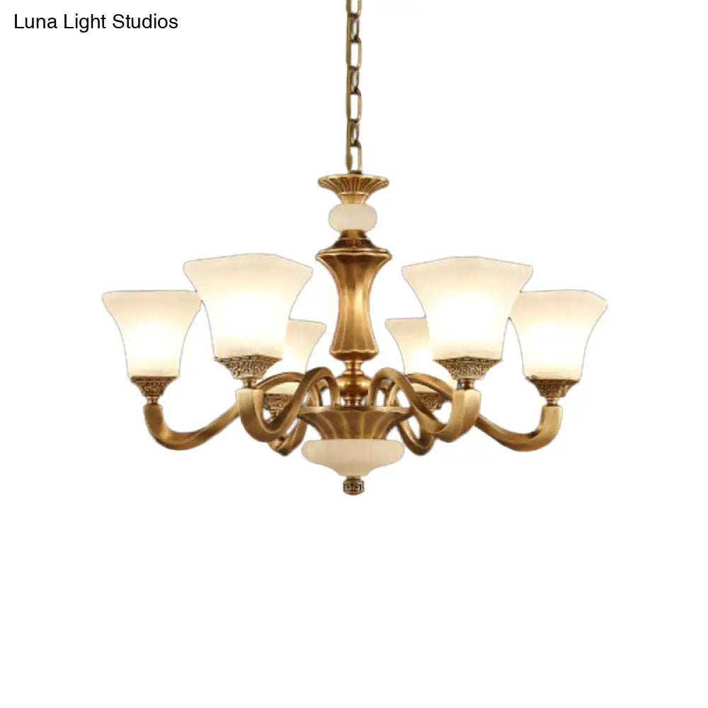 Classic Brass 3/6-Head Bedroom Pendant Light With White Glass Pagoda Design