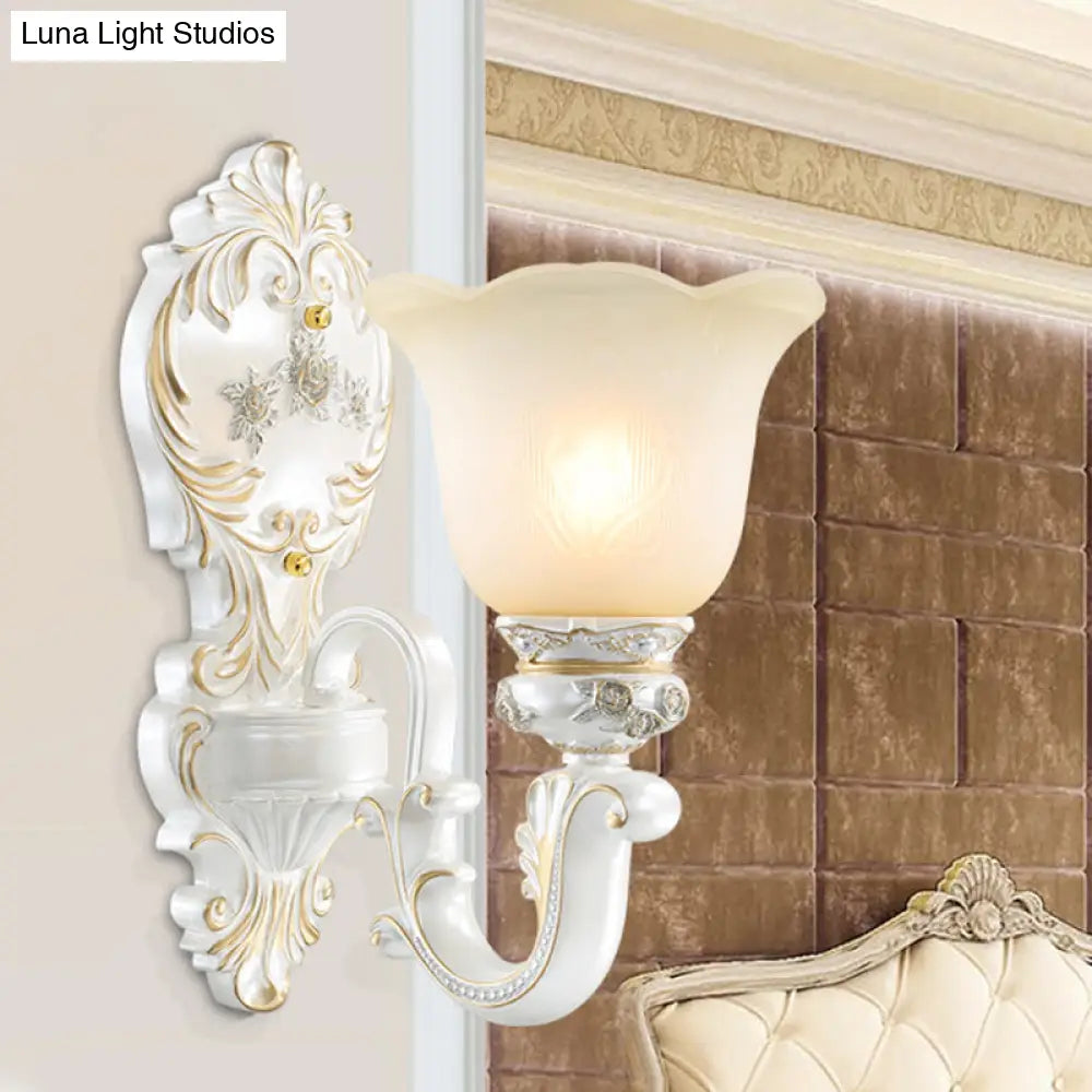 White Glass Wall Sconce Blossom - Half-Head Cottage Lighting For Living Room