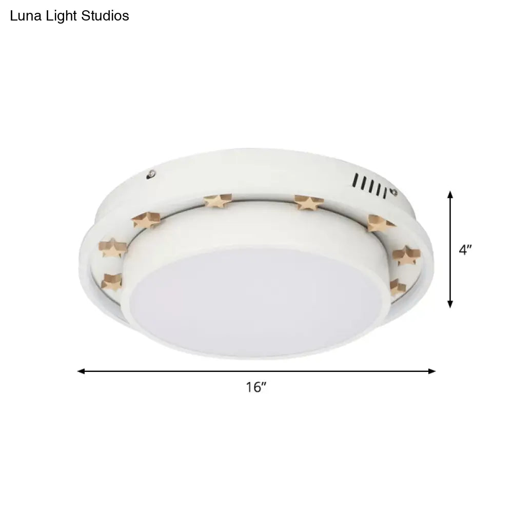 White Led Flush Mount Lamp With Modern Metallic Finish & Wooden Star Deco