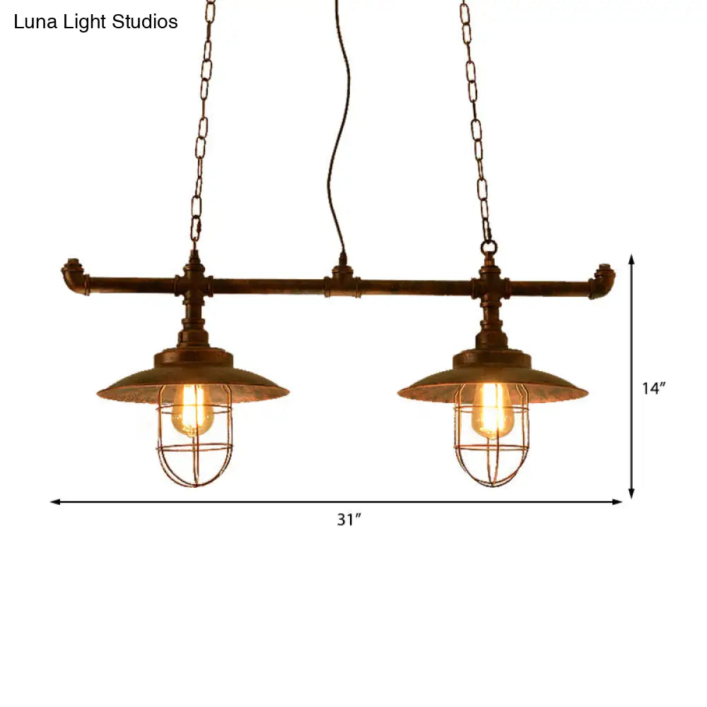 Wire Guard Hanging Light With Pipe Design - 2-Light Weathered Copper Iron Island Lighting
Note: