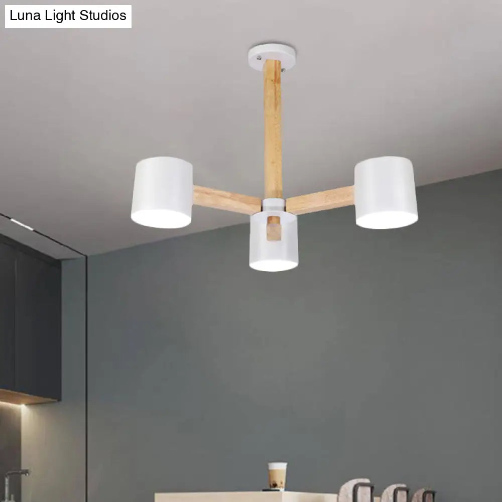 Wood & Iron Nordic Pendant Light With Drum Shade For Study Room In Black/White