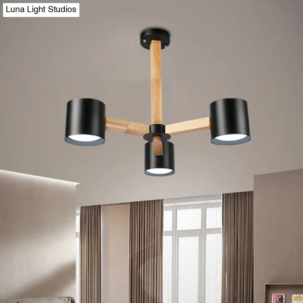 Wood & Iron Nordic Pendant Light With Drum Shade For Study Room In Black/White