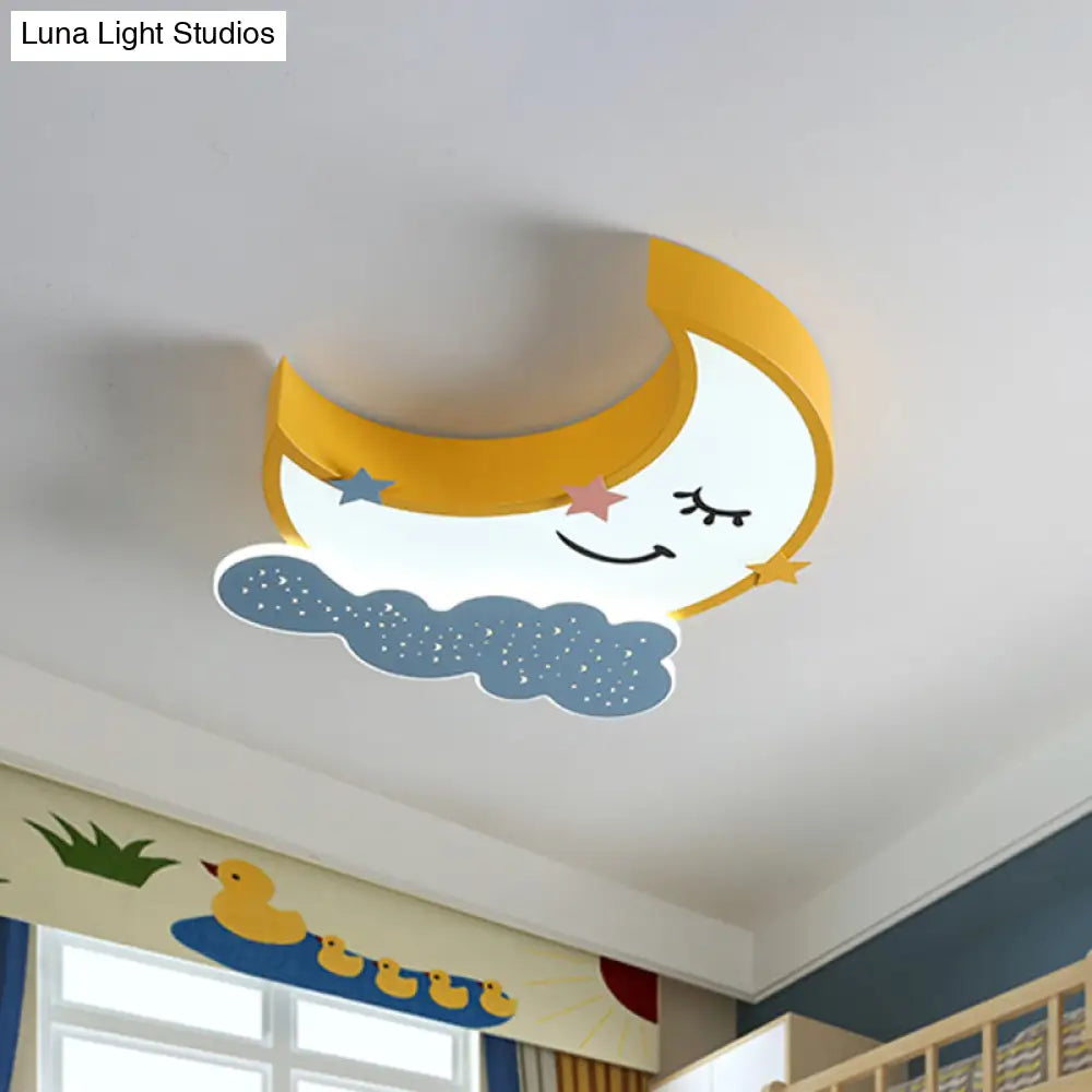 Yellow Moon And Cloud Led Flush Ceiling Light - Cartoon Metal Fixture