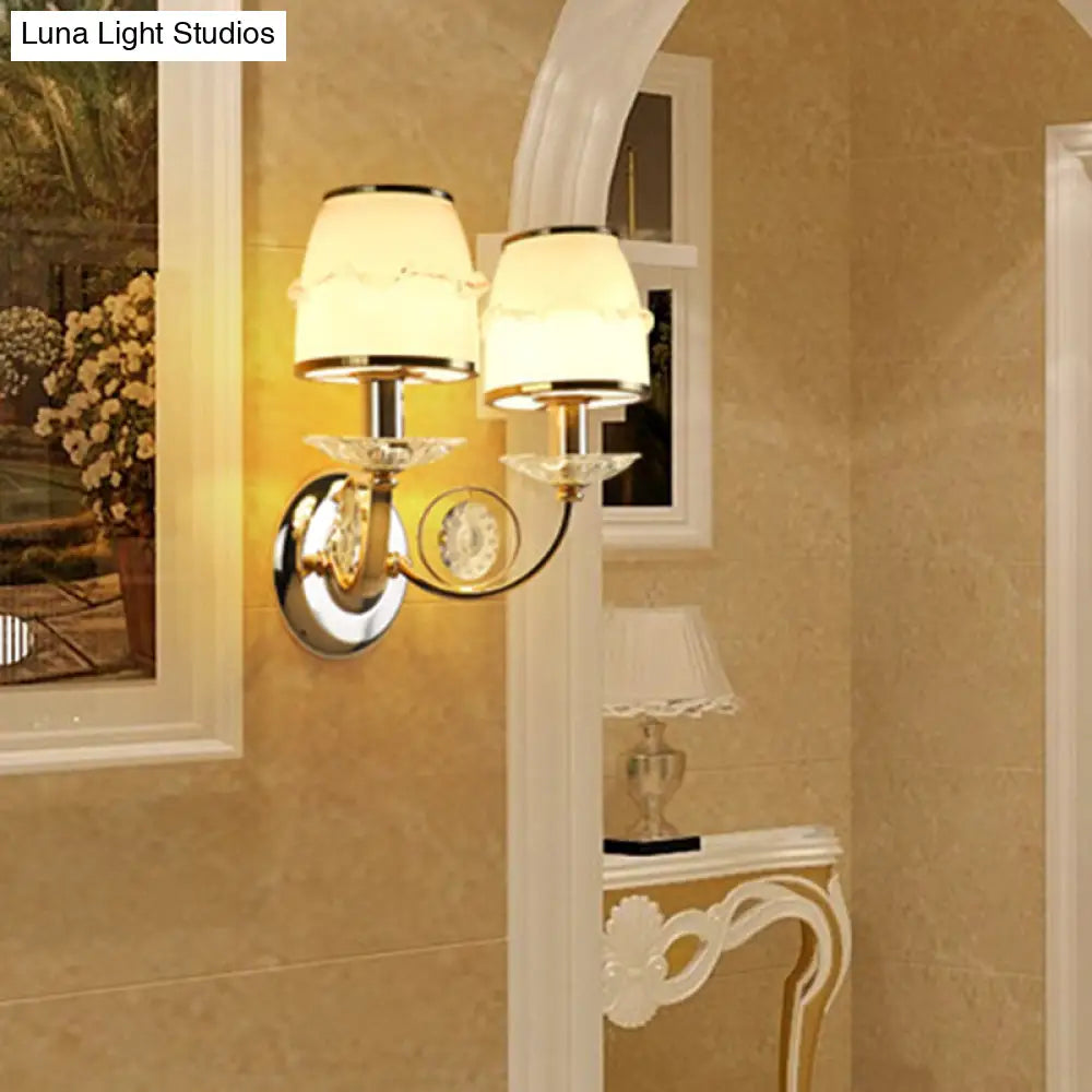 1/2-Bulb Curving Wall Light - Classic White Metal Led Lamp With Crystal Accent