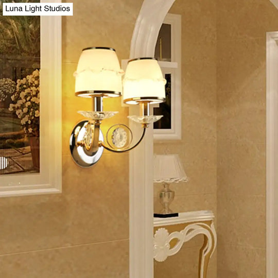 1/2-Bulb Curving Wall Light - Classic White Metal Led Lamp With Crystal Accent