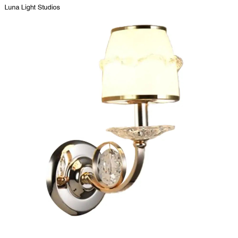1/2-Bulb Curving Wall Light - Classic White Metal Led Lamp With Crystal Accent