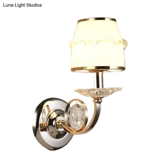 1/2-Bulb Curving Wall Light - Classic White Metal Led Lamp With Crystal Accent