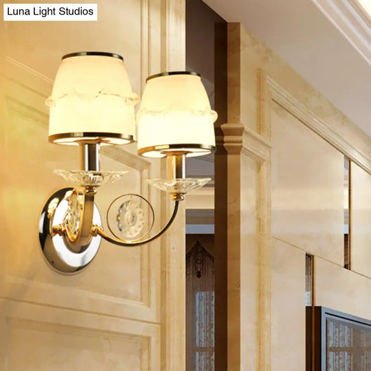 1/2-Bulb Curving Wall Light - Classic White Metal Led Lamp With Crystal Accent