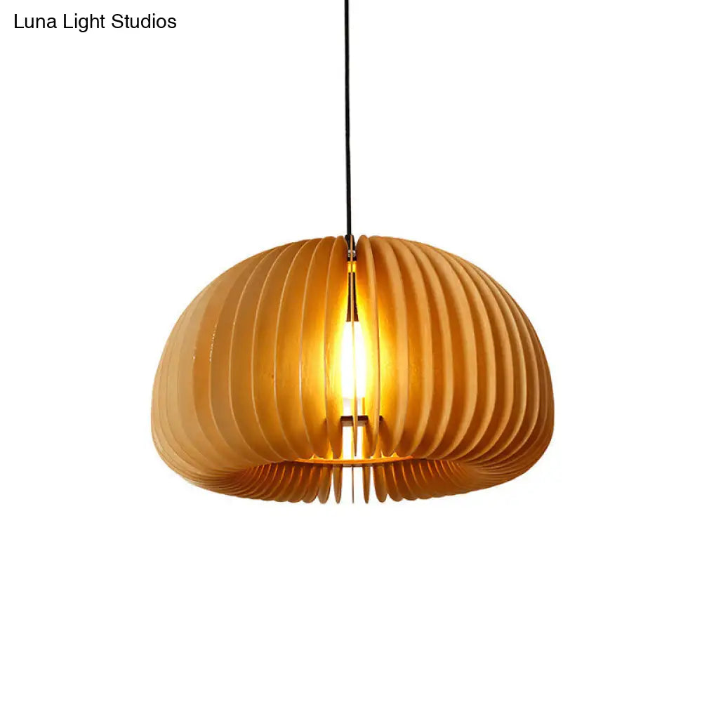 Wooden Asian Dome Ceiling Hanging Light For Restaurants - Stylish 1-Bulb Fixture