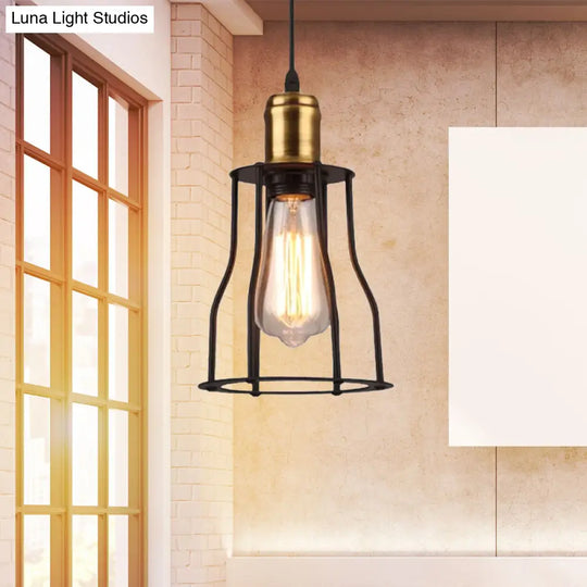 1-Bulb Bronze/Brass Suspended Metal Pendant Lamp - Mini Industrial Wire Cage Light For Living Room