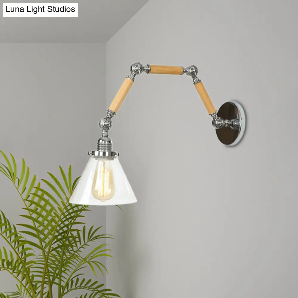 1 Bulb Industrial Cone Wall Light Fixture With Clear Glass And Chrome Finish - Ideal For Living Room