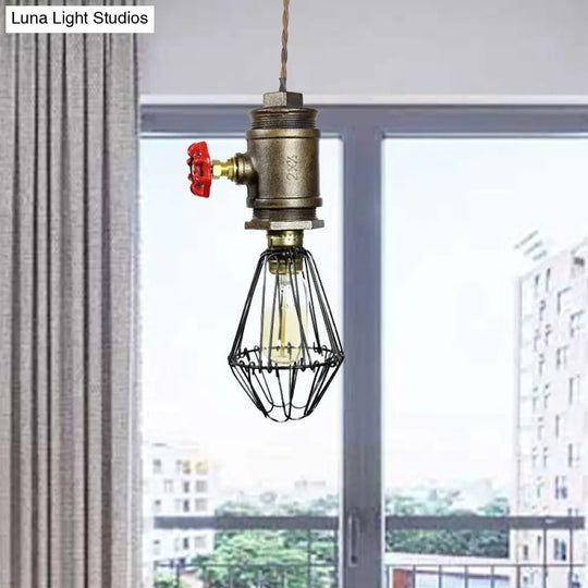 Bronze Industrial Wire Frame Pendant Light With Red Valve - 1 Bulb Wrought Iron Ceiling Fixture