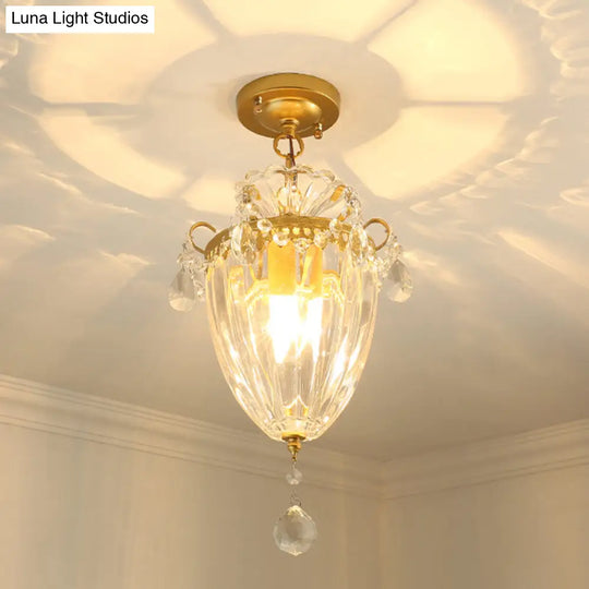 1-Bulb Semi Flush Gold Ceiling Light With Traditional Ribbed Crystal Bell Design