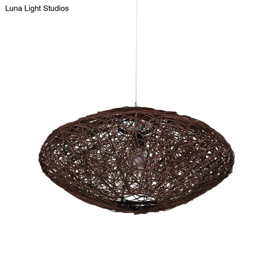 1-Head Asian Teahouse Hanging Light - Black/White Pendant Lighting Fixture With Rattan Lantern Shade