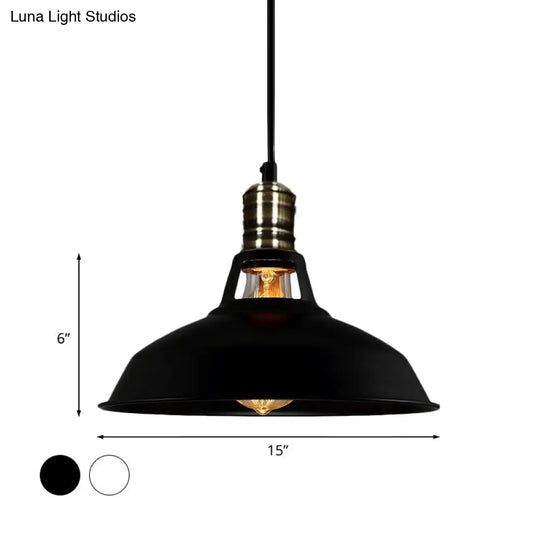1-Head Barn Pendant Lighting - Industrial Black/White Metallic Suspension Light 10.5/12/15 Inch Dia
