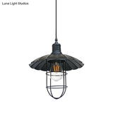 1 Head Black Metal Wire Guard Pendant Light With Nautical Scalloped Shade For Stylish Restaurant