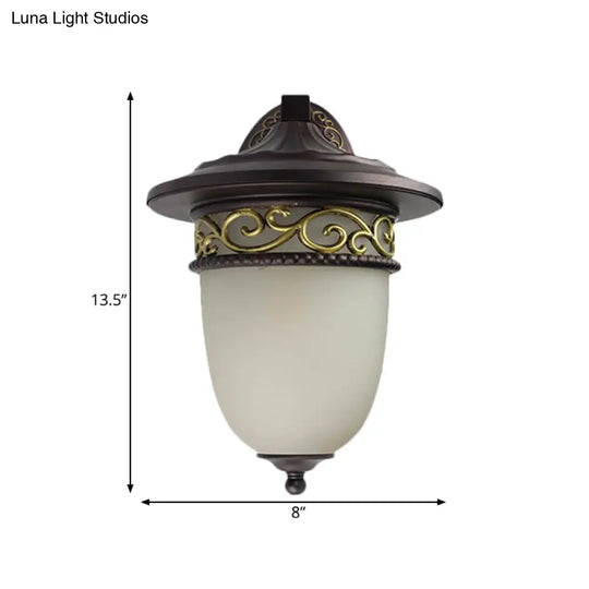 1-Head Rustic Elongated Dome Outdoor Wall Lamp In Black With Frosted Glass