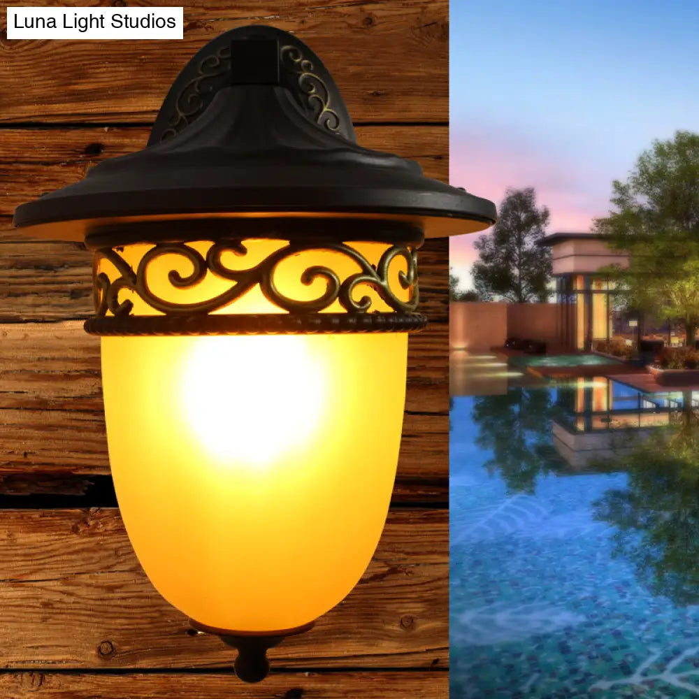1-Head Rustic Elongated Dome Outdoor Wall Lamp In Black With Frosted Glass