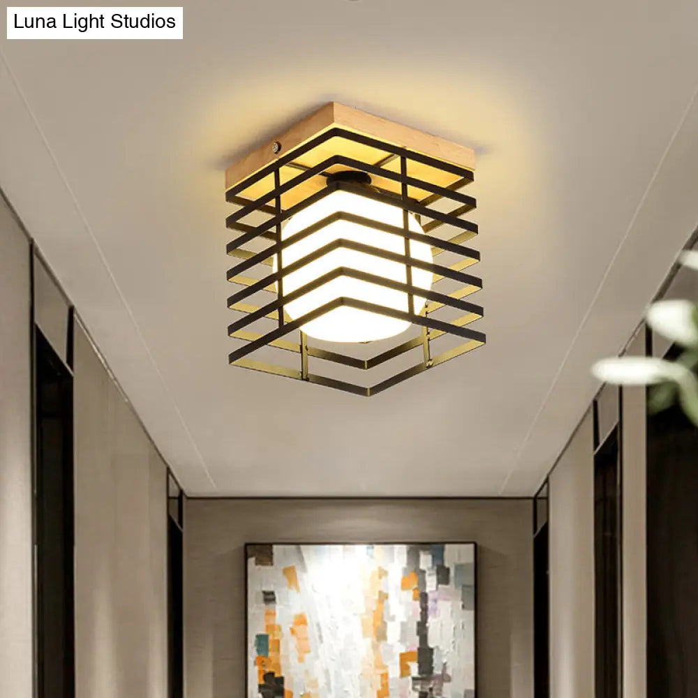 1-Light Black/White Metal Square Flush Mount Pendant Fixture For Corridor Ceiling Black