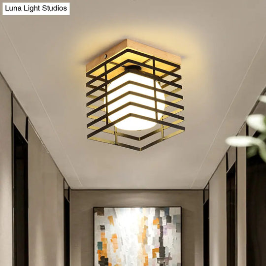 1-Light Black/White Metal Square Flush Mount Pendant Fixture For Corridor Ceiling Black