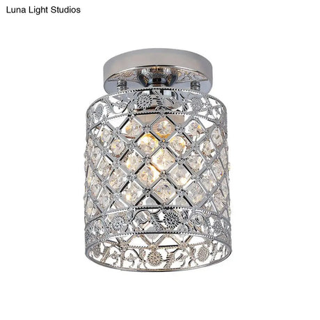 1 - Light Crystal Embedded Flush Mount Lamp With Chrome Finish For Aisle - Cylindrical Design
