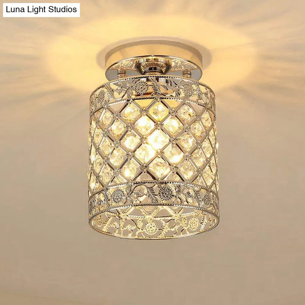 1-Light Crystal Embedded Flush Mount Lamp With Chrome Finish For Aisle- Cylindrical Design