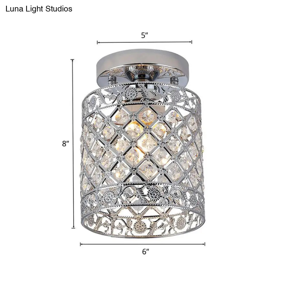 1-Light Crystal Embedded Flush Mount Lamp With Chrome Finish For Aisle- Cylindrical Design