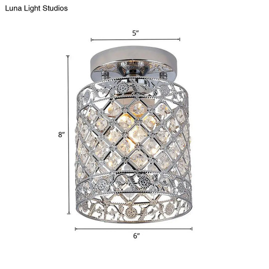 1-Light Crystal Embedded Flush Mount Lamp With Chrome Finish For Aisle- Cylindrical Design