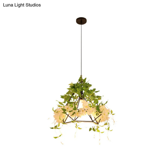 1-Light Diamond Cage Pendant Hanging Light Fixture - White/Red With Artificial Floral Deco For