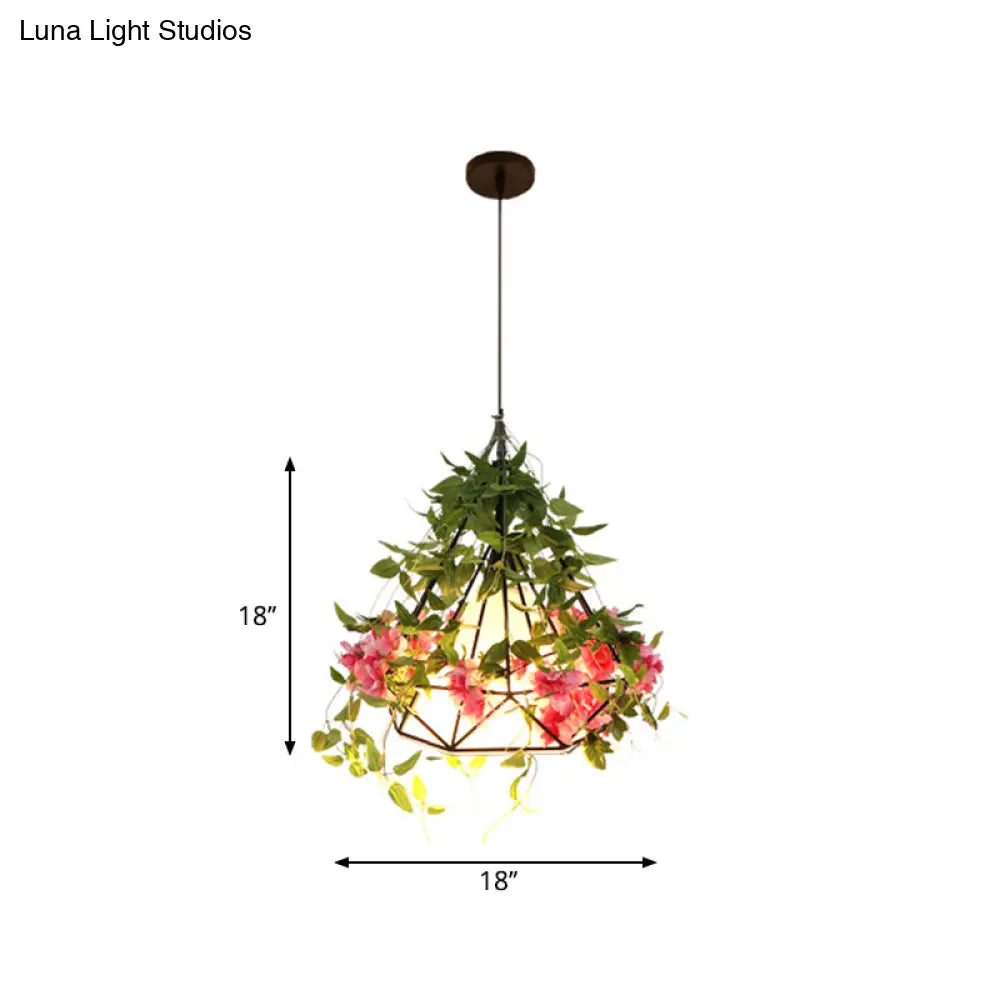 1-Light Diamond Cage Pendant Hanging Light Fixture - White/Red With Artificial Floral Deco For
