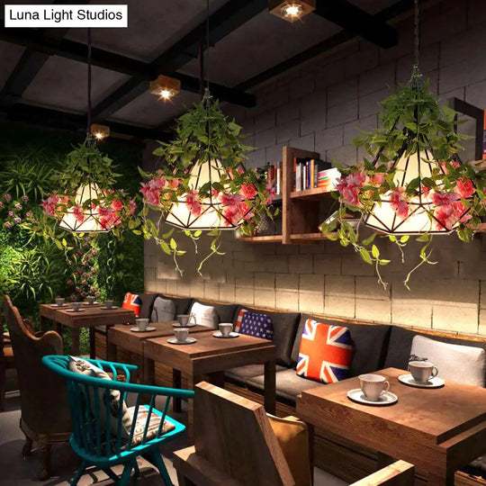 1-Light Diamond Cage Pendant Hanging Light Fixture - White/Red With Artificial Floral Deco For