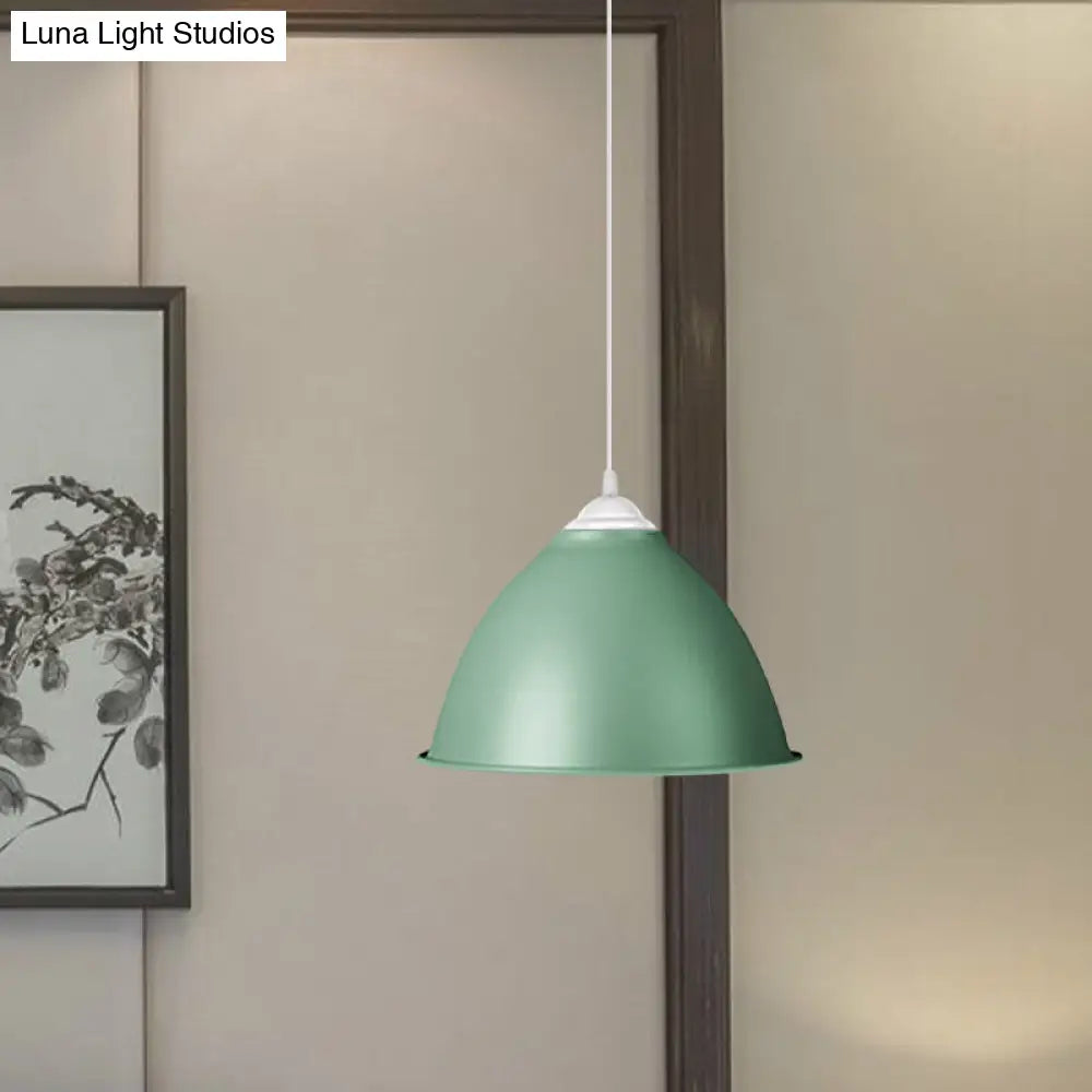 Industrial Dome Pendant Light - Aluminum Ceiling Fixture In Frosted Green/Yellow Dining Room