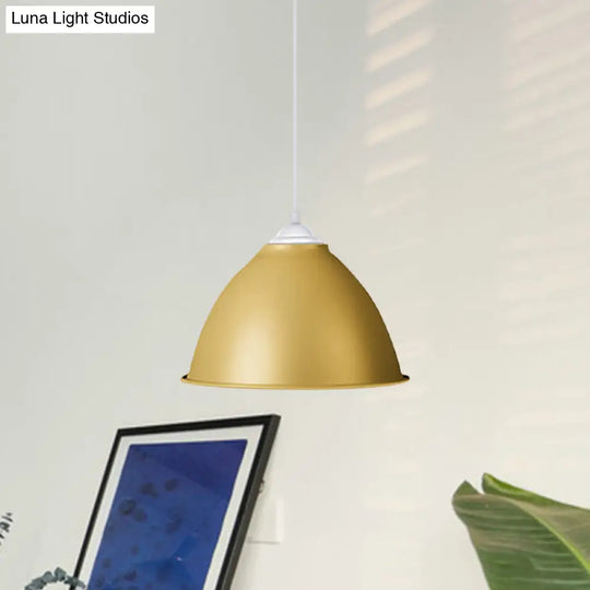 1-Light Industrial Dome Pendant Light In Frosted Green/Yellow For Dining Room - Aluminum Ceiling
